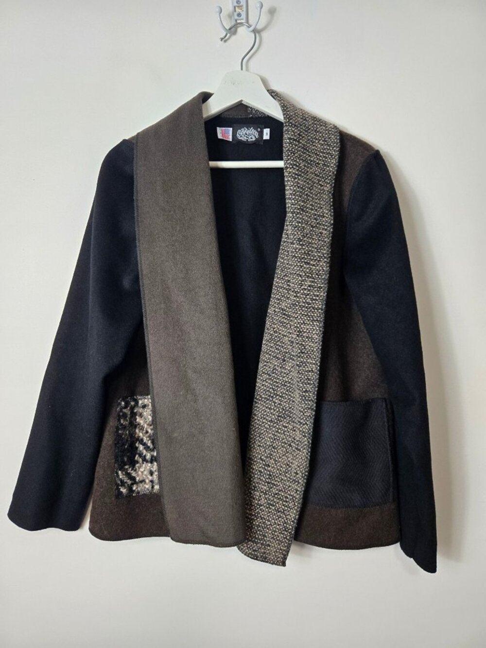 Vintage Cameleon Open Cardigan 100% Wool Nylon Blend Sweater Size M Patchwork